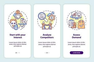 Select affiliate marketing niche onboarding mobile app screen. Walkthrough 3 steps editable graphic instructions with linear concepts. UI, UX, GUI template vector