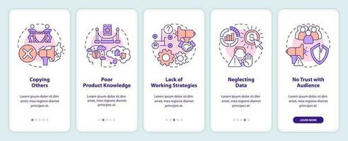 Affiliate marketer mistakes onboarding mobile app screen. Business walkthrough 5 steps editable graphic instructions with linear concepts. UI, UX, GUI template vector