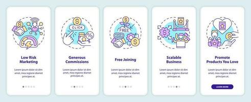 Affiliate marketer benefits onboarding mobile app screen. Business walkthrough 5 steps editable graphic instructions with linear concepts. UI, UX, GUI template vector