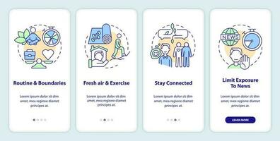 Remote workplace wellbeing tips onboarding mobile app screen. Walkthrough 4 steps editable graphic instructions with linear concepts. UI, UX, GUI template vector