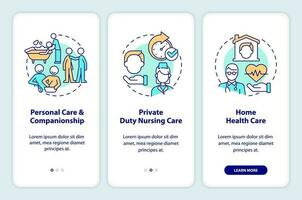 Home health care types onboarding mobile app screen. Walkthrough 3 steps editable graphic instructions with linear concepts. UI, UX, GUI template vector
