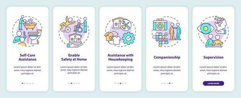 Personal care and companionship services onboarding mobile app screen. Walkthrough 5 steps editable graphic instructions with linear concepts. UI, UX, GUI template vector