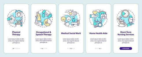 Home health care services onboarding mobile app screen. Walkthrough 5 steps editable graphic instructions with linear concepts. UI, UX, GUI template vector