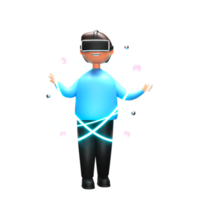 3d Renderização do uma masculino personagem vestindo vr óculos de proteção e experimentando a virtual mundo em volta. atômico estrutura, tecnologia conceito. png