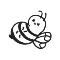 Cute bee with funny kawaii face in linear style. Vector Illustration isolated on white background