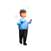 3d interpretazione di un' maschio personaggio indossare vr goggle con toccante virtuale alleggerimento globo png