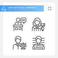 Trial process participants pixel perfect linear icons set. Law punishment for criminal. Justice regulation. Customizable thin line symbols. Isolated vector outline illustrations. Editable stroke