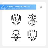 Laws protecting citizens rights pixel perfect linear icons set. Legal rules of society. Court processes. Customizable thin line symbols. Isolated vector outline illustrations. Editable stroke