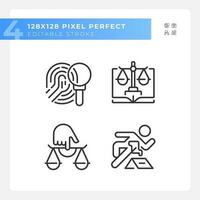 Crime evidences performing in court pixel perfect linear icons set. Investigation of accident. Law system. Customizable thin line symbols. Isolated vector outline illustrations. Editable stroke