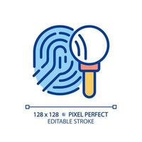 Crime investigation pixel perfect RGB color icon. Studying fingerprint with magnifying glass. Find evidence. Isolated vector illustration. Simple filled line drawing. Editable stroke