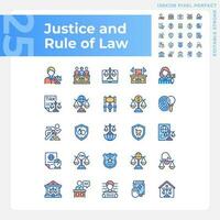 Justice and rule of law pixel perfect RGB color icons set. Government system of regulation. Legislative norms. Isolated vector illustrations. Simple filled line drawings collection. Editable stroke