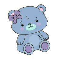 Vector blue teddy bear icon. Vector toy bear with purple bow icon.