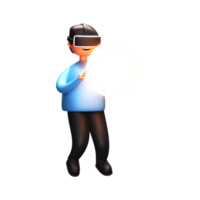 3d interpretazione di un' maschio personaggio indossare vr goggle e toccante virtuale wireframe globo. png