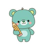 Vector teddy bear with pencil icon. Vector turquoise bear with a simple pencil in his hands icon.