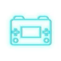 Neon icons. Retro arcade game console. Blue   neon vector icon on darken background