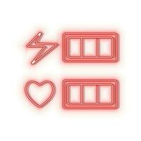 Neon icons. Life bar hearts retro style. Red   neon vector icon on darken background