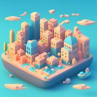A 3d isometric cartoon style of a city with a pink and blue background. photo