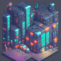 A digital illustration of a city with a blue and orange neon lights. photo