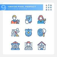 Law system and order control pixel perfect RGB color icons set. Jurisdiction for citizens. Court system. Isolated vector illustrations. Simple filled line drawings collection. Editable stroke