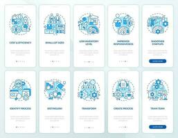 SMED system blue onboarding mobile app screen set. Lean manufacturing walkthrough 5 steps editable graphic instructions with linear concepts. UI, UX, GUI template vector