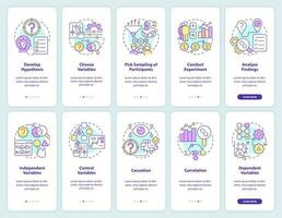 Causal research onboarding mobile app screens set. Business analytics. Walkthrough 5 steps editable graphic instructions with linear concepts. UI, UX, GUI template vector