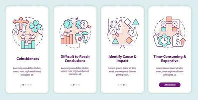 Causal research disadvantages onboarding mobile app screen. Walkthrough 5 steps editable graphic instructions with linear concepts. UI, UX, GUI template vector