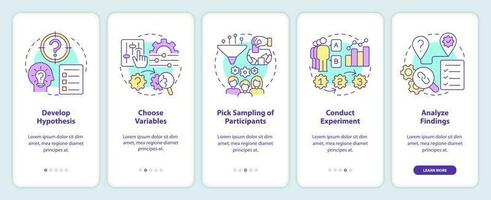 How to conduct causal research onboarding mobile app screen. Walkthrough 5 steps editable graphic instructions with linear concepts. UI, UX, GUI template vector
