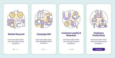 Causal research examples onboarding mobile app screen. Walkthrough 4 steps editable graphic instructions with linear concepts. UI, UX, GUI template vector