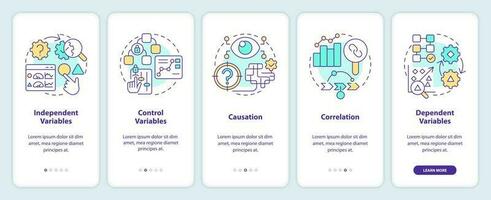 Causal research variables and principles onboarding mobile app screen. Walkthrough 5 steps editable graphic instructions with linear concepts. UI, UX, GUI template vector