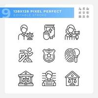 Law system and order control pixel perfect linear icons set. Jurisdiction for citizens. Court system. Customizable thin line symbols. Isolated vector outline illustrations. Editable stroke