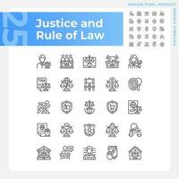 Justice and rule of law pixel perfect linear icons set. Government system of regulation. Legislative norms. Customizable thin line symbols. Isolated vector outline illustrations. Editable stroke