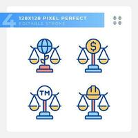 Law regulation in business and industry pixel perfect RGB color icons set. Legal protection in court. Isolated vector illustrations. Simple filled line drawings collection. Editable stroke