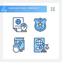 Low protecting human rights pixel perfect RGB color icons set. Equality in justice system. Order control. Isolated vector illustrations. Simple filled line drawings collection. Editable stroke