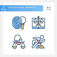 Crime evidences performing in court pixel perfect RGB color icons set. Investigation of accident. Law system. Isolated vector illustrations. Simple filled line drawings collection. Editable stroke