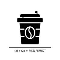 Coffee pixel perfect black glyph icon. Caffeinated drink. Take away. Paper cup. Hot beverage. Cafe menu. Silhouette symbol on white space. Solid pictogram. Vector isolated illustration