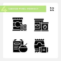 Packaged products pixel perfect black glyph icons set on white space. Cooked meal. Prepared food. Supermarket foodservice. Silhouette symbols. Solid pictogram pack. Vector isolated illustration