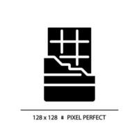 Chocolate bar pixel perfect black glyph icon. Candy store. Cocoa bean. Confectionery product. Sweet confection. Silhouette symbol on white space. Solid pictogram. Vector isolated illustration