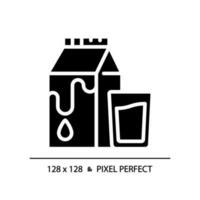 Dairy pixel perfect black glyph icon. Cows milk. Agricultural product. Calcium rich food. Beverage market. Silhouette symbol on white space. Solid pictogram. Vector isolated illustration