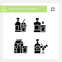 Bottled beverages pixel perfect black glyph icons set on white space. Alcohol and soft drinks. Liquid refreshments. Silhouette symbols. Solid pictogram pack. Vector isolated illustration