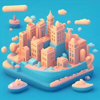 A 3d isometric cartoon style of a city with a pink and blue background. photo