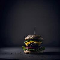 un hamburguesa con lechuga, tomate en un oscuro antecedentes. ai generado foto