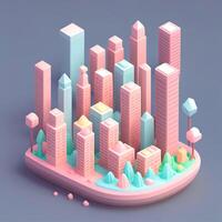 isométrica dibujos animados 3d de un ciudad con un rosado y azul edificio. ai generado foto