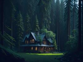 un casa en un oscuro bosque con el luces en ai generado foto