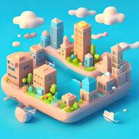 un 3d isométrica dibujos animados estilo de un ciudad con un rosado y azul antecedentes. ai generado foto