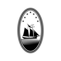Fishing ship vector illustration in badge logo simple and clean.