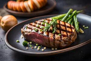 Grilled beef chops with rosemary on top photo