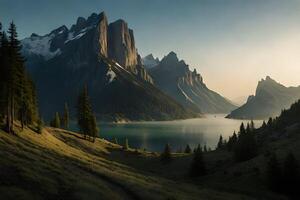 hermosa lago debajo el montañas ai generado foto