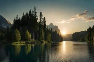 hermosa lago debajo el montañas ai generado foto