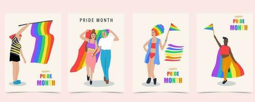 Pride month day background with couple and people for postcard social media vector