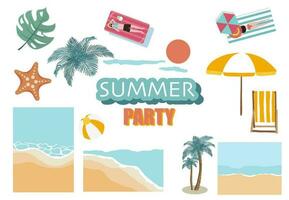 Summer object with beach,sea,tree,sun,people for postcard vector